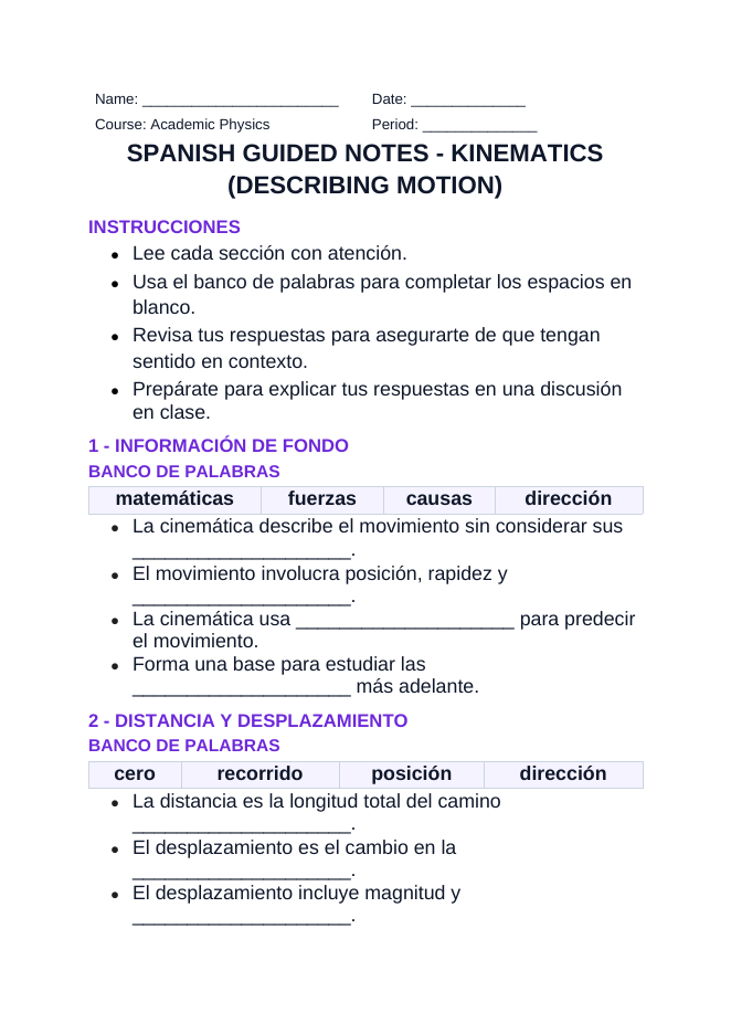 Kinematics: Describing Motion Spanish Guided Notes sample page