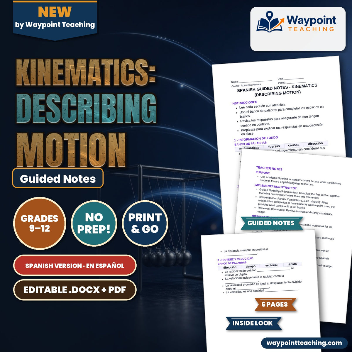 Kinematics: Describing Motion Spanish Guided Notes cover