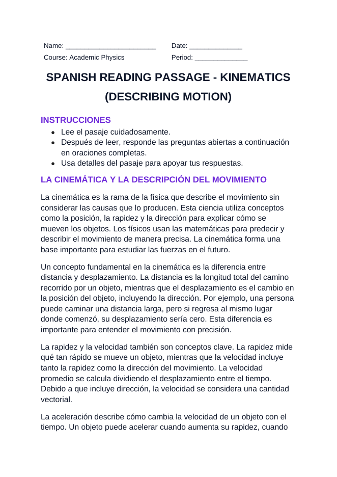 Kinematics: Describing Motion Spanish Reading Passage & Comprehension Questions sample page