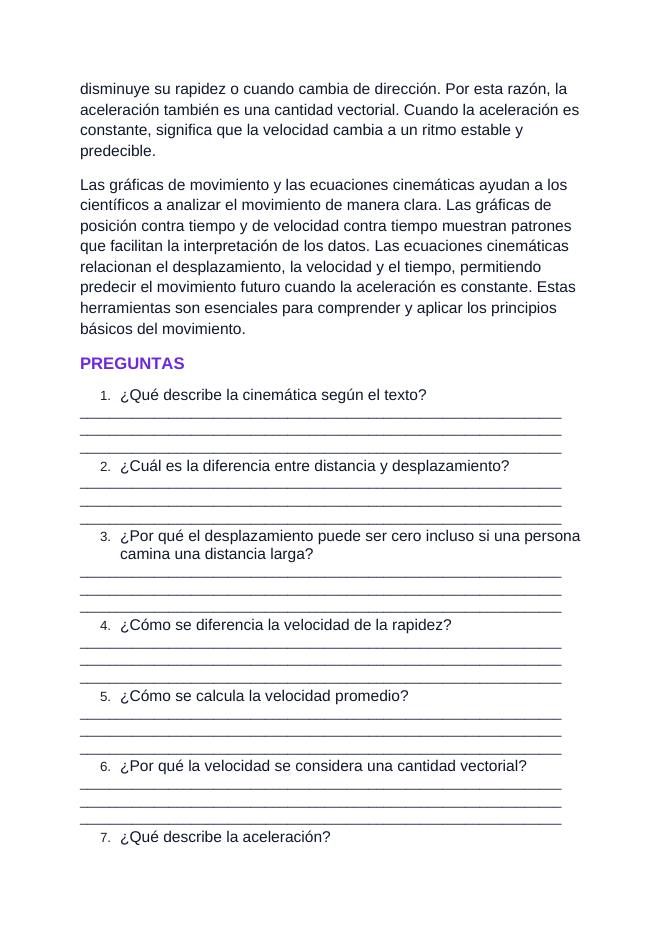 Kinematics: Describing Motion Spanish Reading Passage & Comprehension Questions sample page