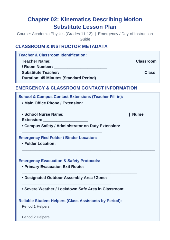 Kinematics: Describing Motion Substitute Lesson Plan sample page