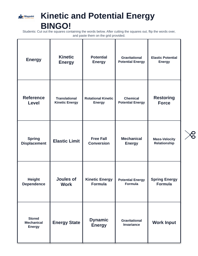 Kinetic & Potential Energy BINGO Review Game sample page