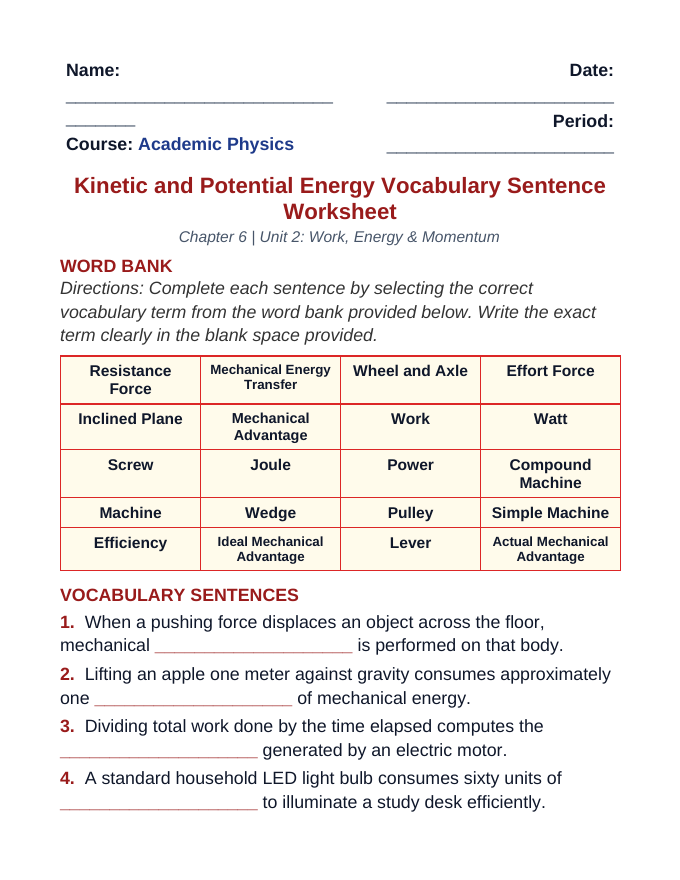 Kinetic & Potential Energy Fill-in-the-Blank Vocabulary Worksheet sample page