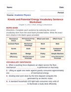 Kinetic & Potential Energy Fill-in-the-Blank Vocabulary Worksheet sample page