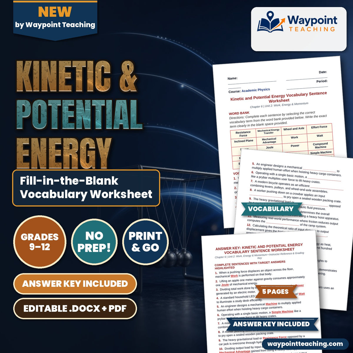 Kinetic & Potential Energy Fill-in-the-Blank Vocabulary Worksheet cover