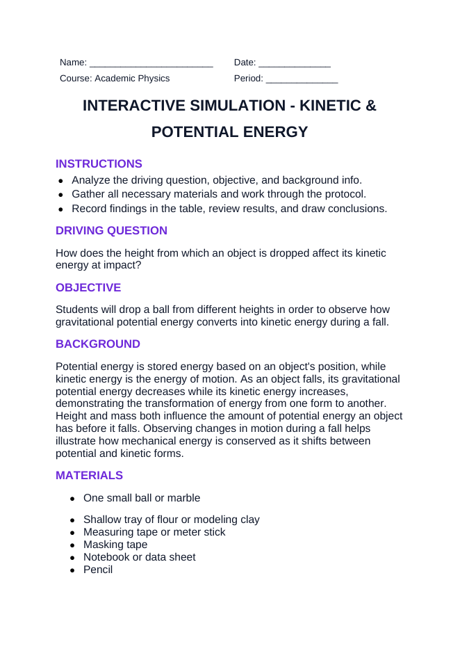 Kinetic & Potential Energy Interactive Simulation sample page