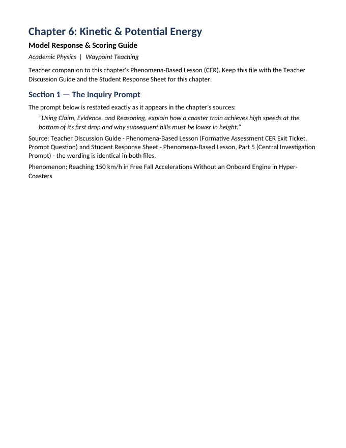 Kinetic & Potential Energy Model Response & Scoring Guide sample page