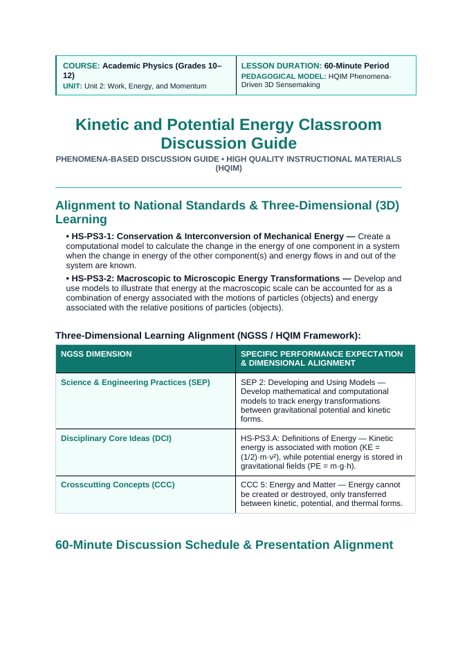 Kinetic & Potential Energy Phenomena-Based Lesson: Reaching 150 km/h in Free Fall Accelerations Without an Onboard Engine in Hyper-Coasters Teacher Discussion Guide sample page