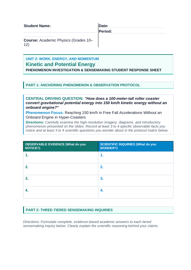 Kinetic & Potential Energy Phenomena-Based Lesson: Reaching 150 km/h in Free Fall Accelerations Without an Onboard Engine in Hyper-Coasters Student Response Sheet sample page