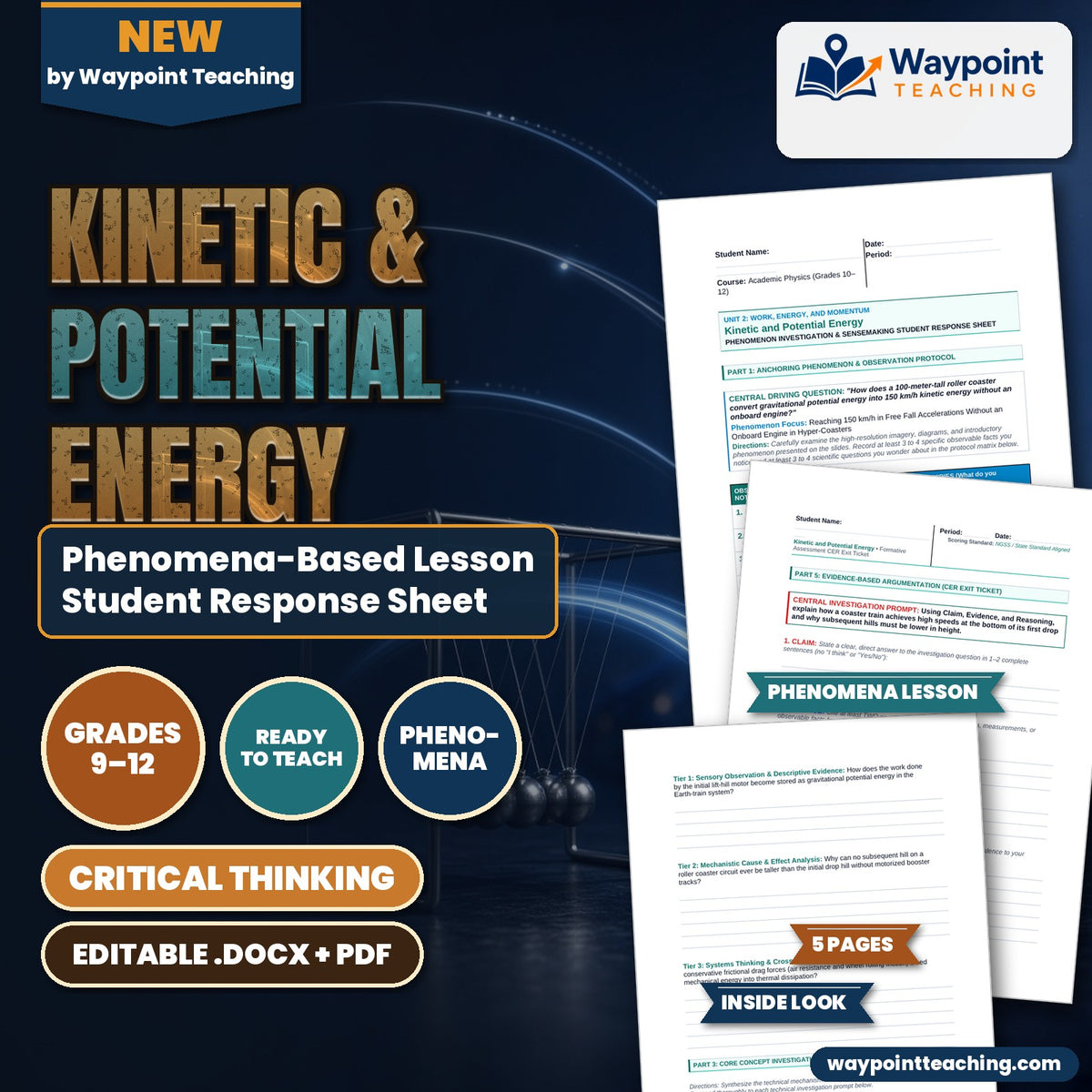 Kinetic & Potential Energy Phenomena-Based Lesson: Reaching 150 km/h in Free Fall Accelerations Without an Onboard Engine in Hyper-Coasters Student Response Sheet cover