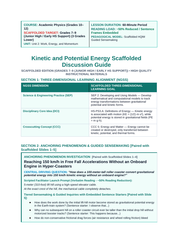 Kinetic & Potential Energy Scaffolded Phenomena-Based Lesson: Reaching 150 km/h in Free Fall Accelerations Without an Onboard Engine in Hyper-Coasters Teacher Discussion Guide sample page
