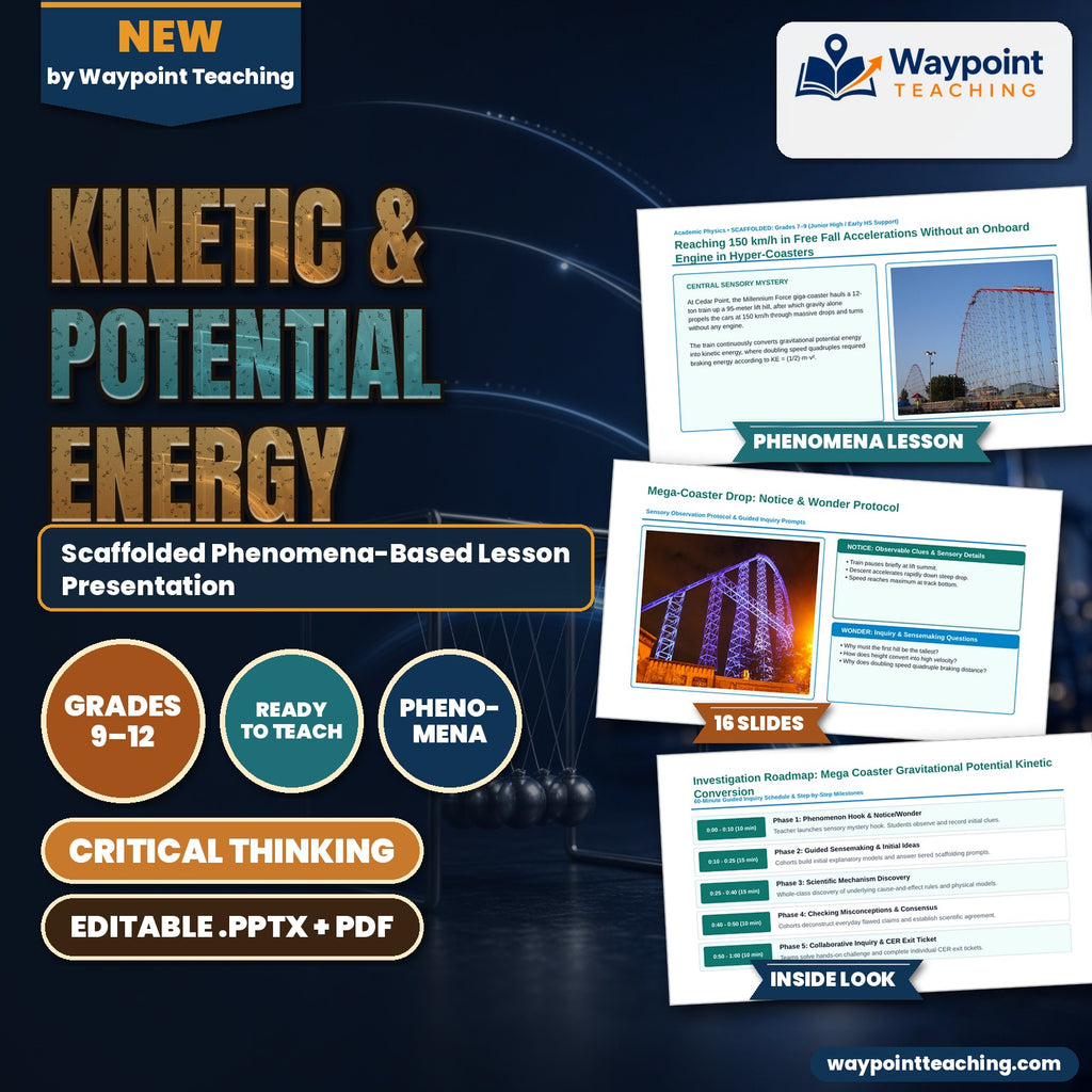 Kinetic & Potential Energy Scaffolded Phenomena-Based Lesson: Reaching 150 km/h in Free Fall Accelerations Without an Onboard Engine in Hyper-Coasters Presentation cover