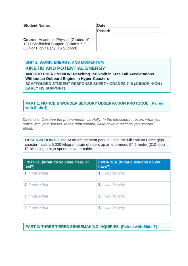 Kinetic & Potential Energy Scaffolded Phenomena-Based Lesson: Reaching 150 km/h in Free Fall Accelerations Without an Onboard Engine in Hyper-Coasters Student Response Sheet sample page