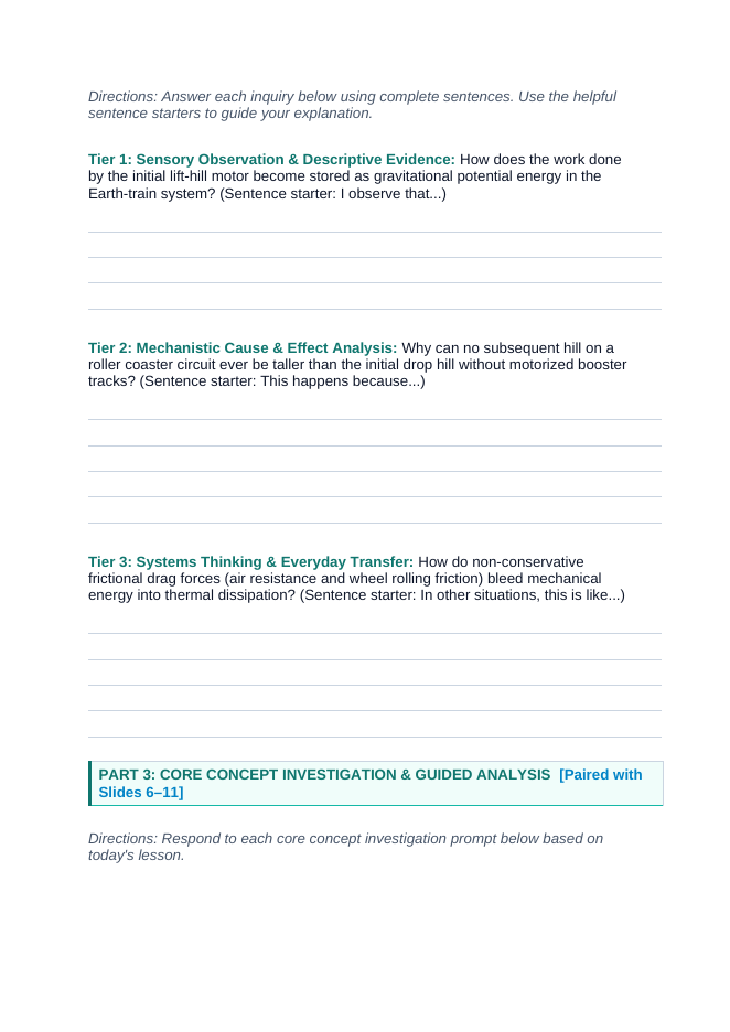 Kinetic & Potential Energy Scaffolded Phenomena-Based Lesson: Reaching 150 km/h in Free Fall Accelerations Without an Onboard Engine in Hyper-Coasters Student Response Sheet sample page