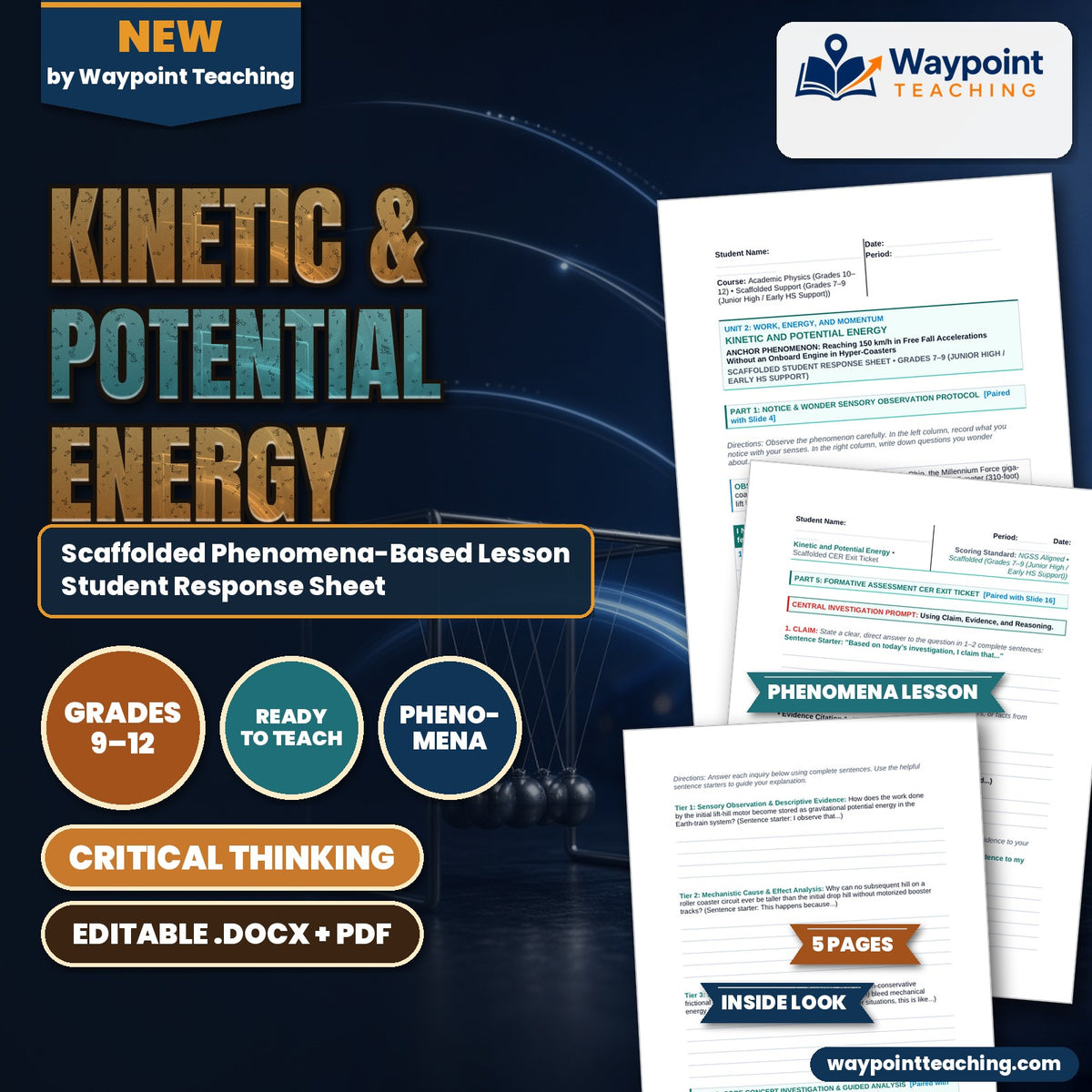 Kinetic & Potential Energy Scaffolded Phenomena-Based Lesson: Reaching 150 km/h in Free Fall Accelerations Without an Onboard Engine in Hyper-Coasters Student Response Sheet cover