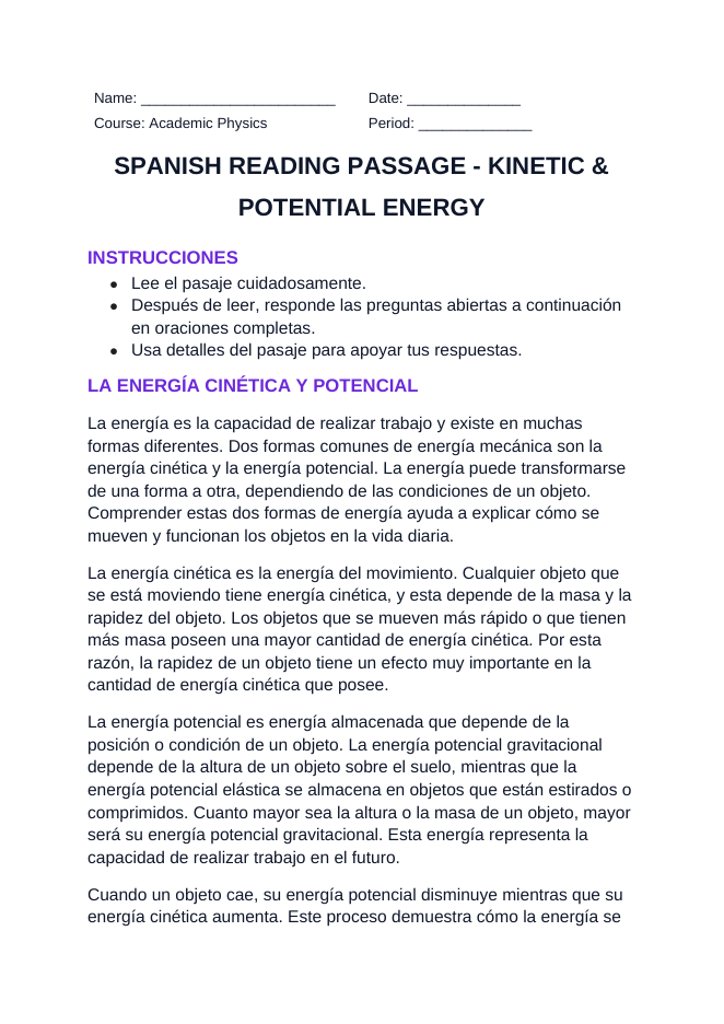 Kinetic & Potential Energy Spanish Reading Passage & Comprehension Questions sample page