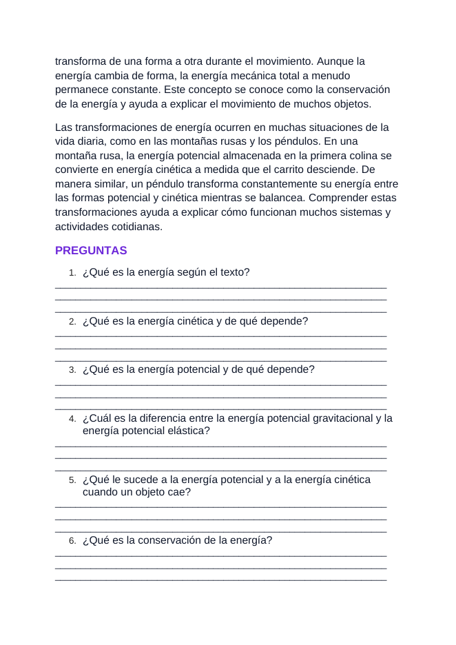 Kinetic & Potential Energy Spanish Reading Passage & Comprehension Questions sample page