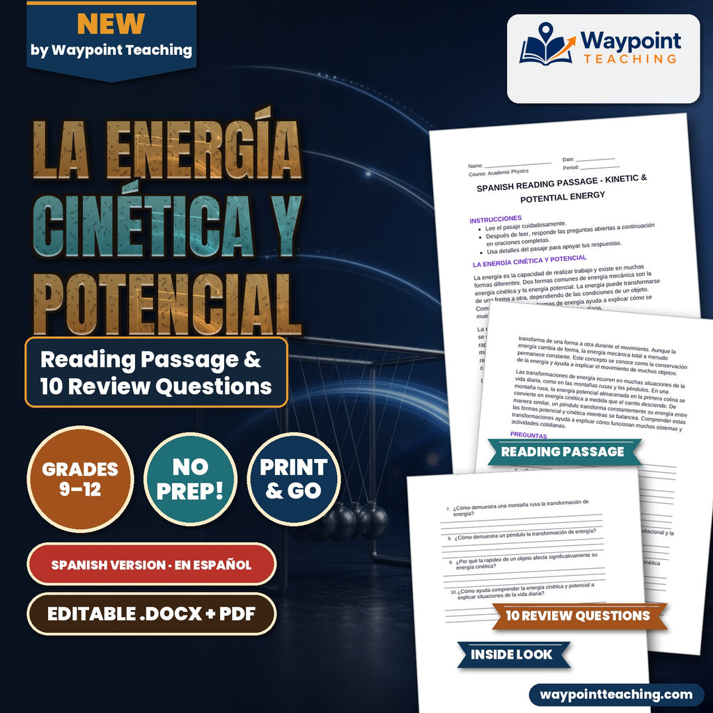 Kinetic & Potential Energy Spanish Reading Passage & Comprehension Questions cover