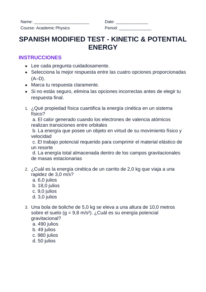 Kinetic & Potential Energy Spanish Unit Test sample page