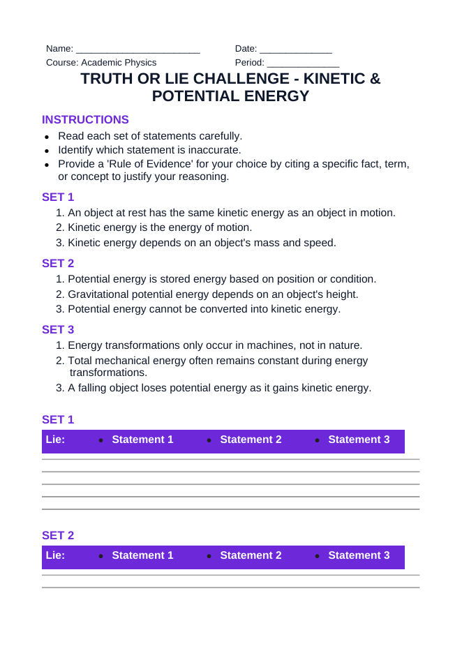 Kinetic & Potential Energy Truth or Lie Challenge sample page