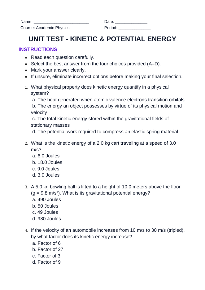 Kinetic & Potential Energy Unit Test sample page