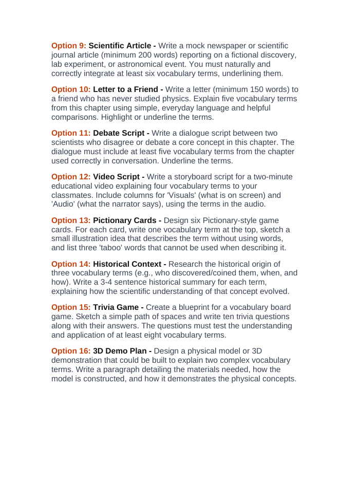 Kinetic & Potential Energy Vocabulary Choice Board sample page