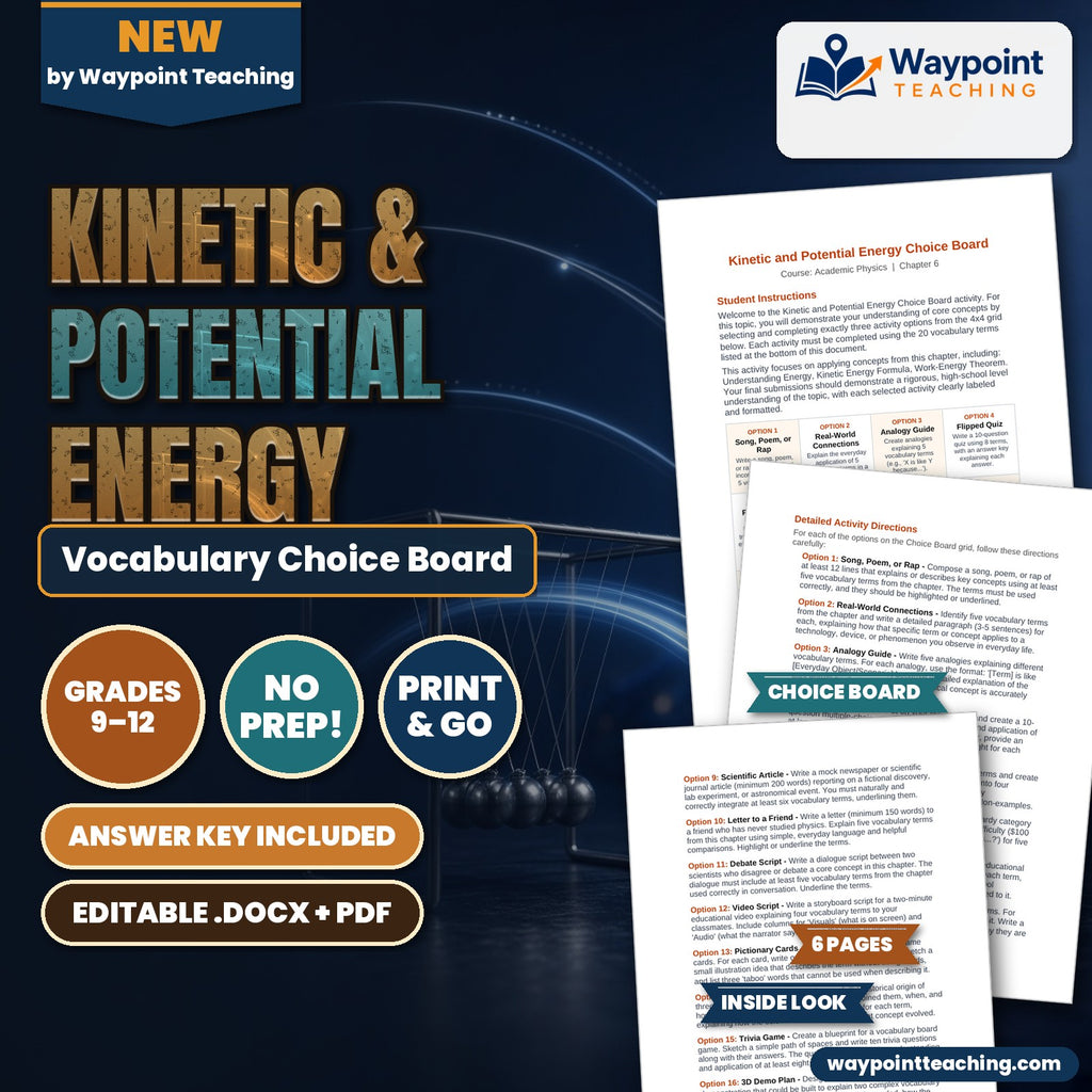 Kinetic & Potential Energy Vocabulary Choice Board cover