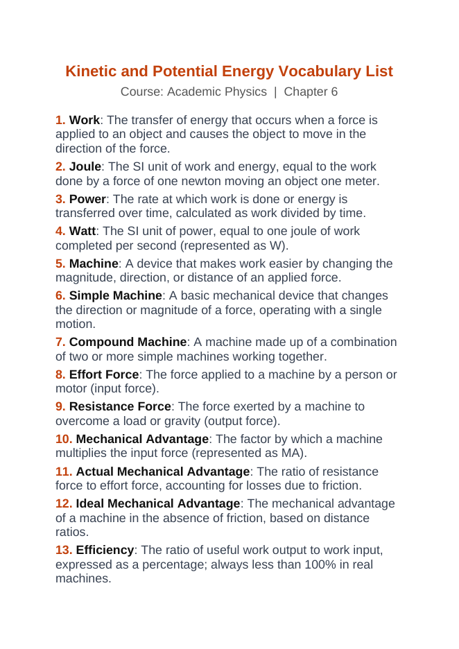 Kinetic & Potential Energy Vocabulary Words & Definitions sample page