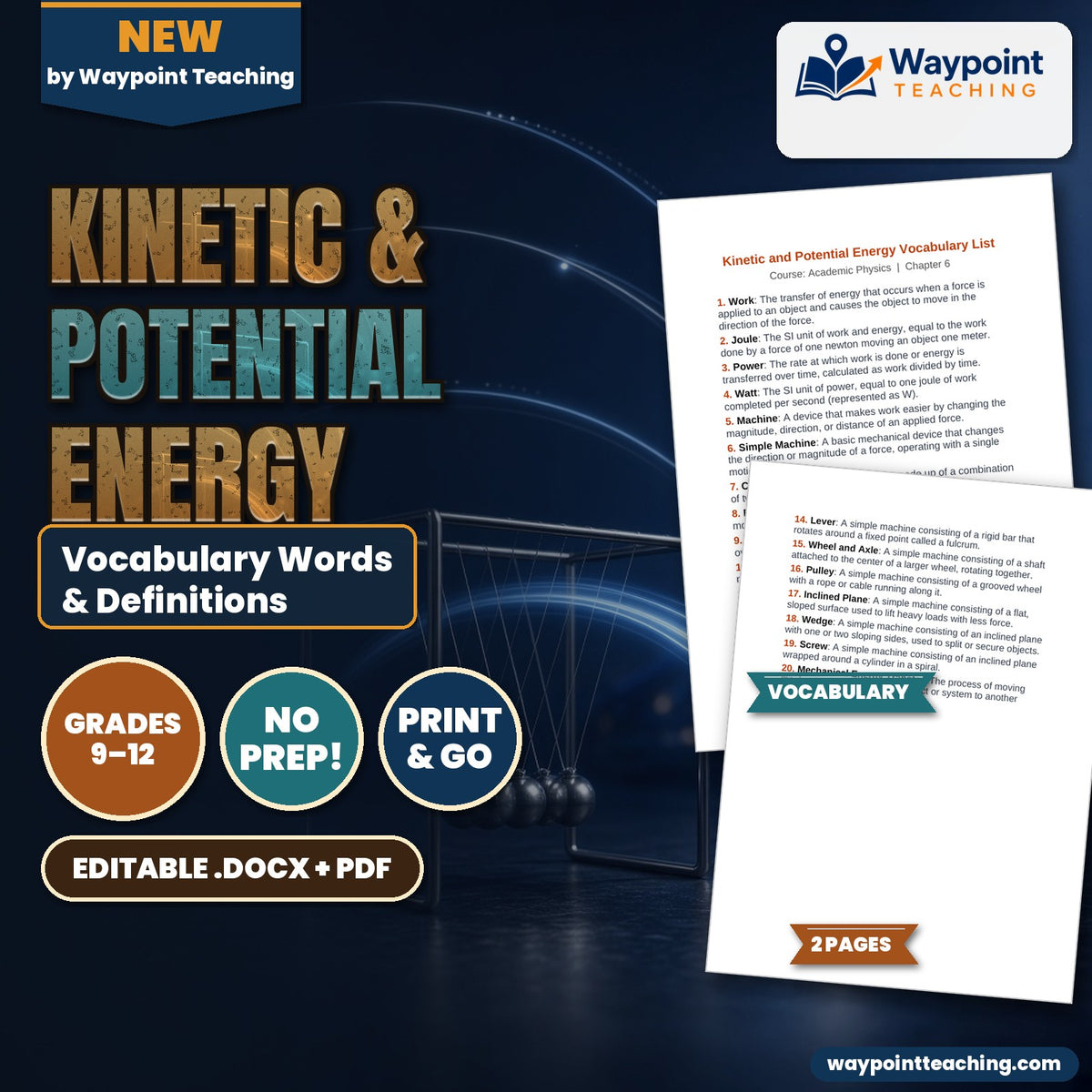 Kinetic & Potential Energy Vocabulary Words & Definitions cover