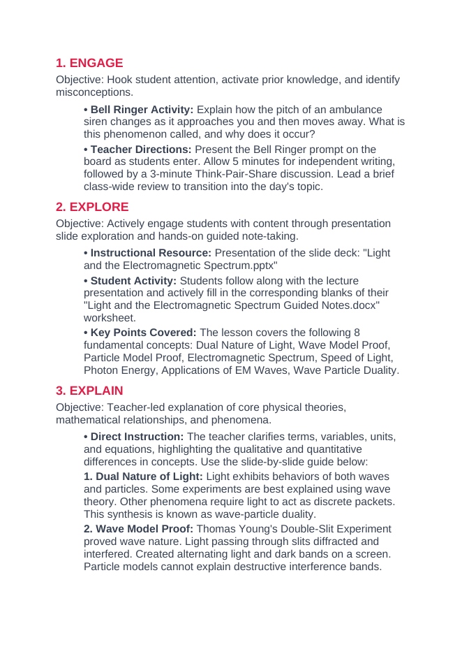Light & the Electromagnetic Spectrum 5E Lesson Plan sample page