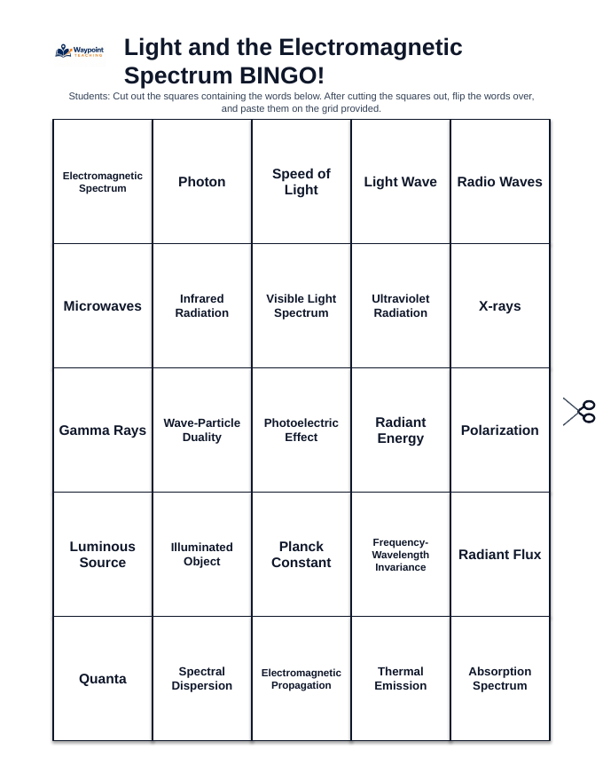Light & the Electromagnetic Spectrum BINGO Review Game sample page