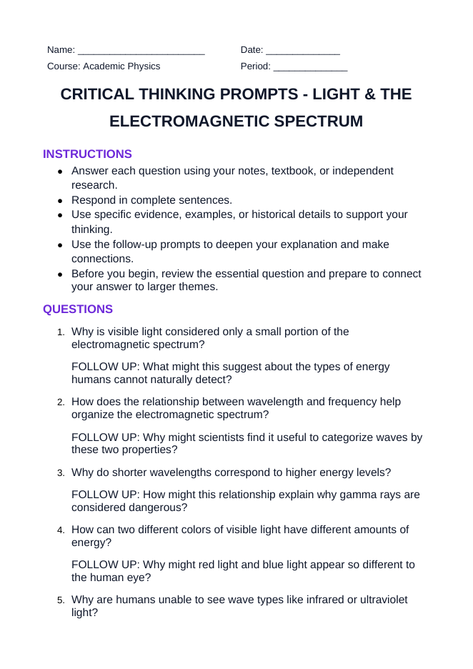 Light & the Electromagnetic Spectrum Critical Thinking Prompts sample page