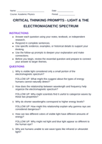 Light & the Electromagnetic Spectrum Critical Thinking Prompts sample page