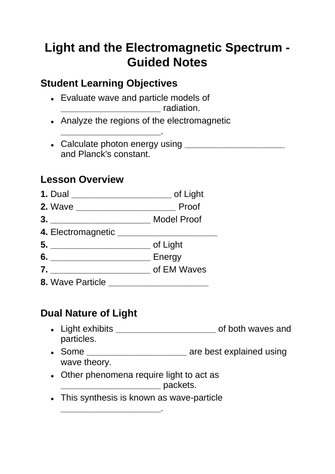 Light & the Electromagnetic Spectrum Guided Notes sample page
