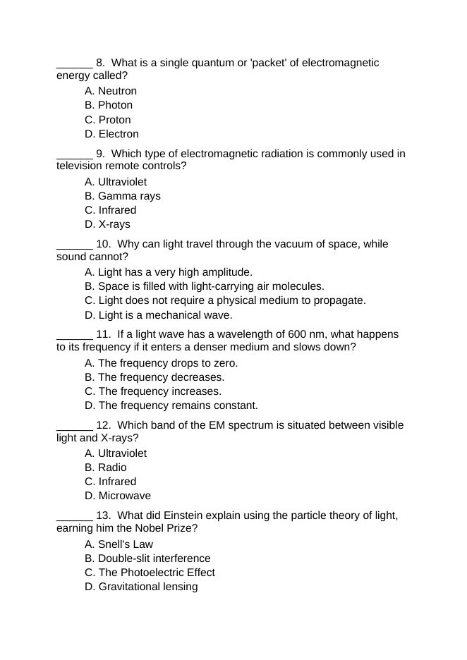 Light & the Electromagnetic Spectrum Lesson Quiz sample page