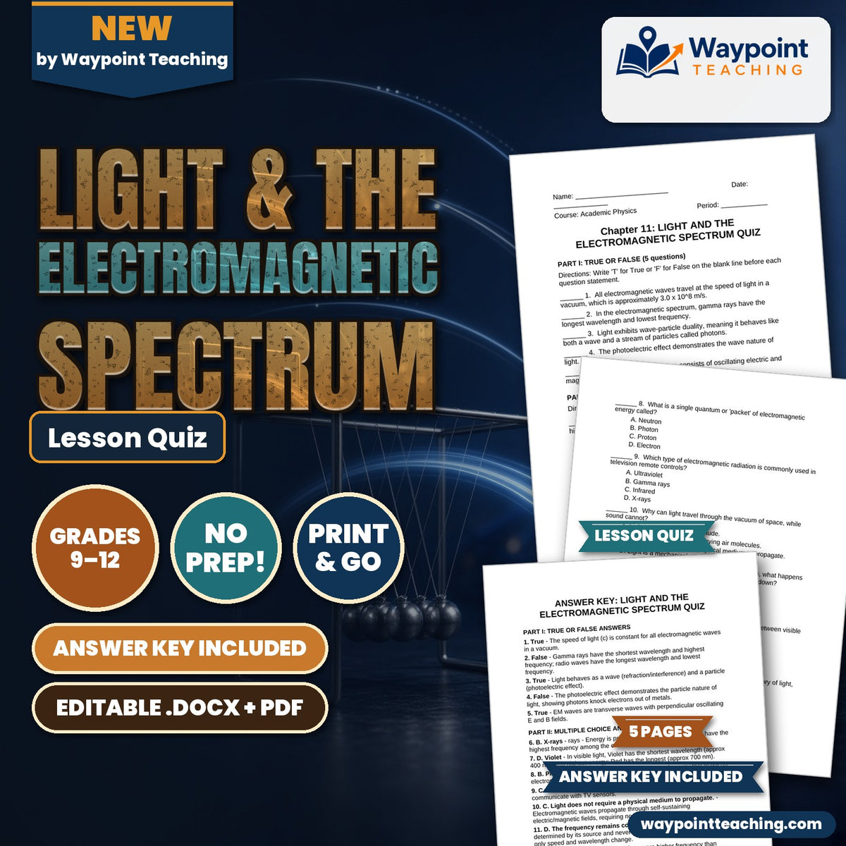 Light & the Electromagnetic Spectrum Lesson Quiz cover