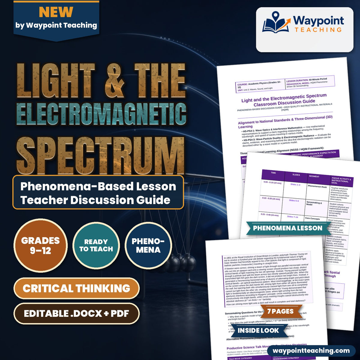 Light & the Electromagnetic Spectrum Phenomena-Based Lesson: Alternating Bright and Dark Spatial Interference Bands Produced by Shining Light Through Two Microscopic Apertures Teacher Discussion Guide cover