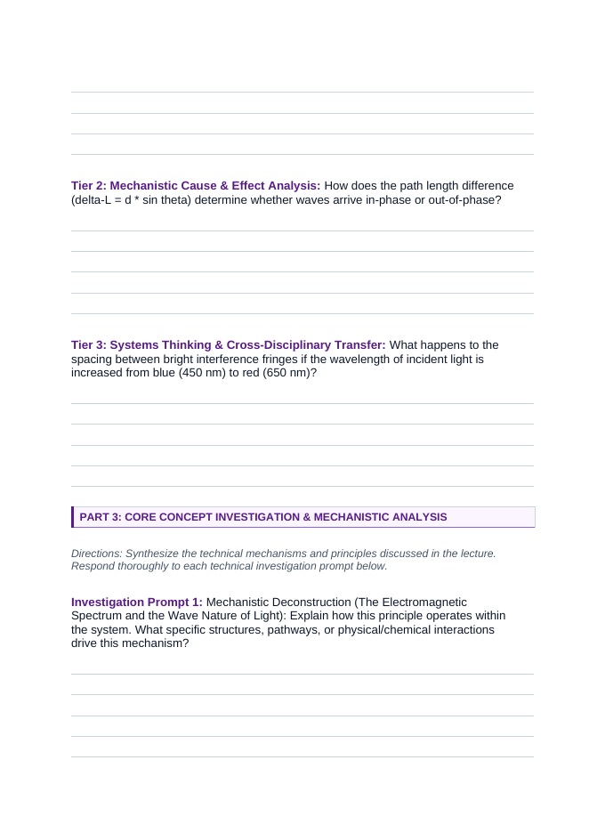 Light & the Electromagnetic Spectrum Phenomena-Based Lesson: Alternating Bright and Dark Spatial Interference Bands Produced by Shining Light Through Two Microscopic Apertures Student Response Sheet sample page