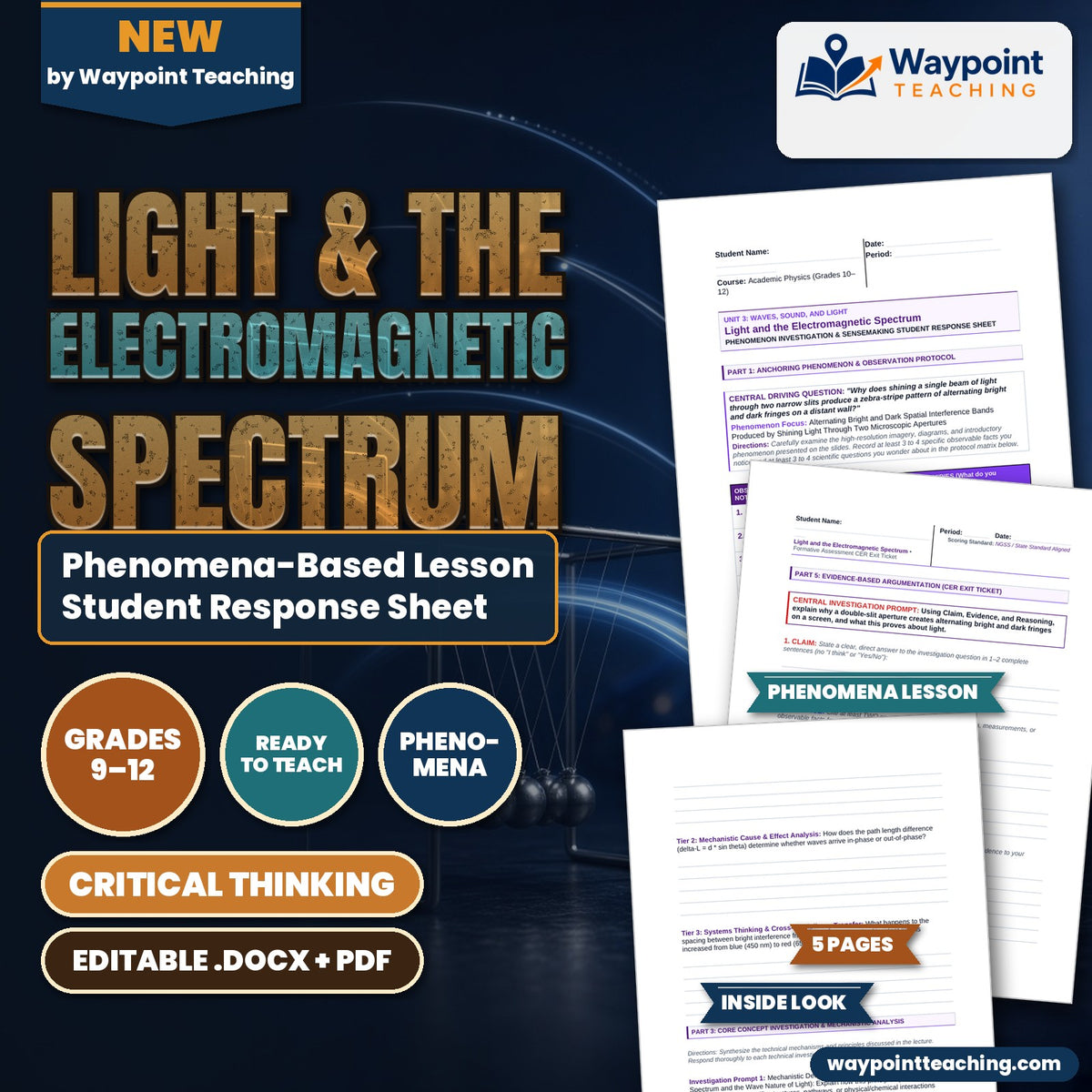 Light & the Electromagnetic Spectrum Phenomena-Based Lesson: Alternating Bright and Dark Spatial Interference Bands Produced by Shining Light Through Two Microscopic Apertures Student Response Sheet cover