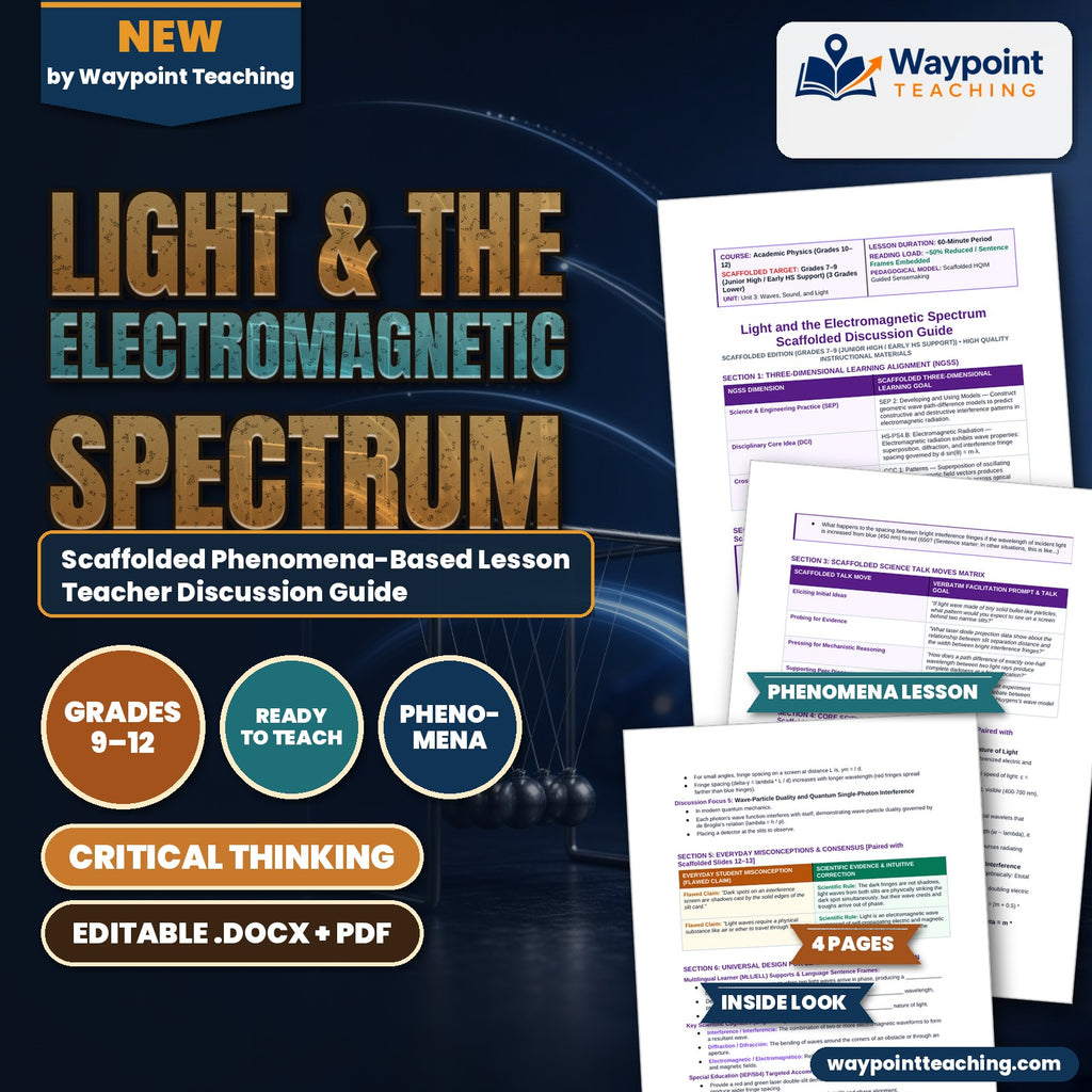 Light & the Electromagnetic Spectrum Scaffolded Phenomena-Based Lesson: Alternating Bright and Dark Spatial Interference Bands Produced by Shining Light Through Two Microscopic Apertures Teacher Discussion Guide cover