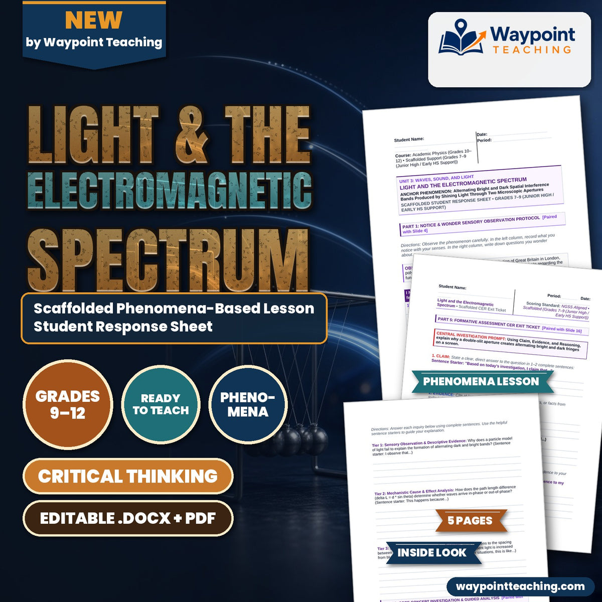 Light & the Electromagnetic Spectrum Scaffolded Phenomena-Based Lesson: Alternating Bright and Dark Spatial Interference Bands Produced by Shining Light Through Two Microscopic Apertures Student Response Sheet cover