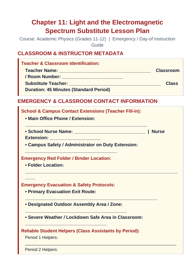 Light & the Electromagnetic Spectrum Substitute Lesson Plan sample page