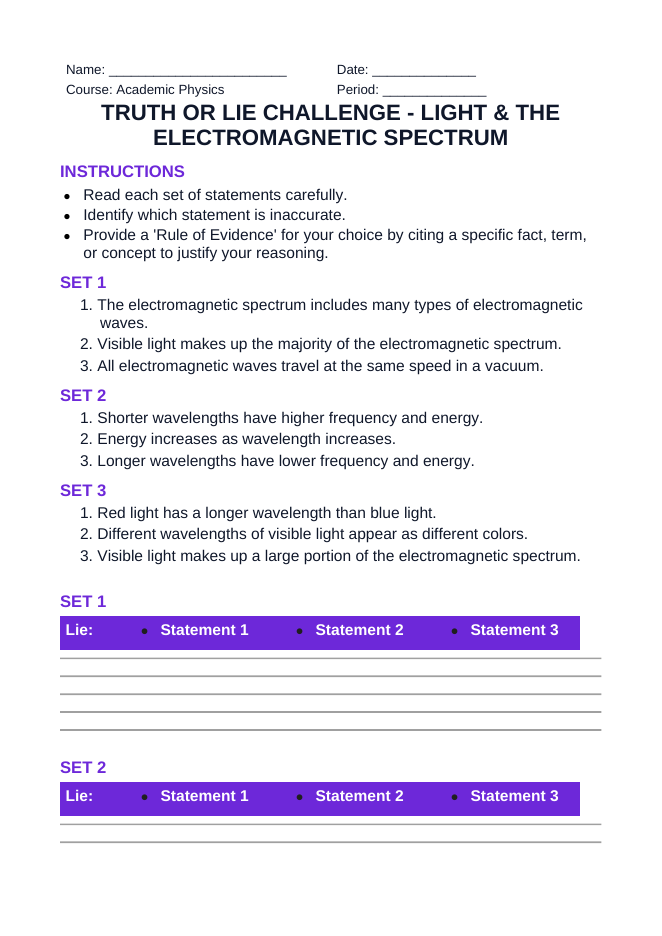 Light & the Electromagnetic Spectrum Truth or Lie Challenge sample page