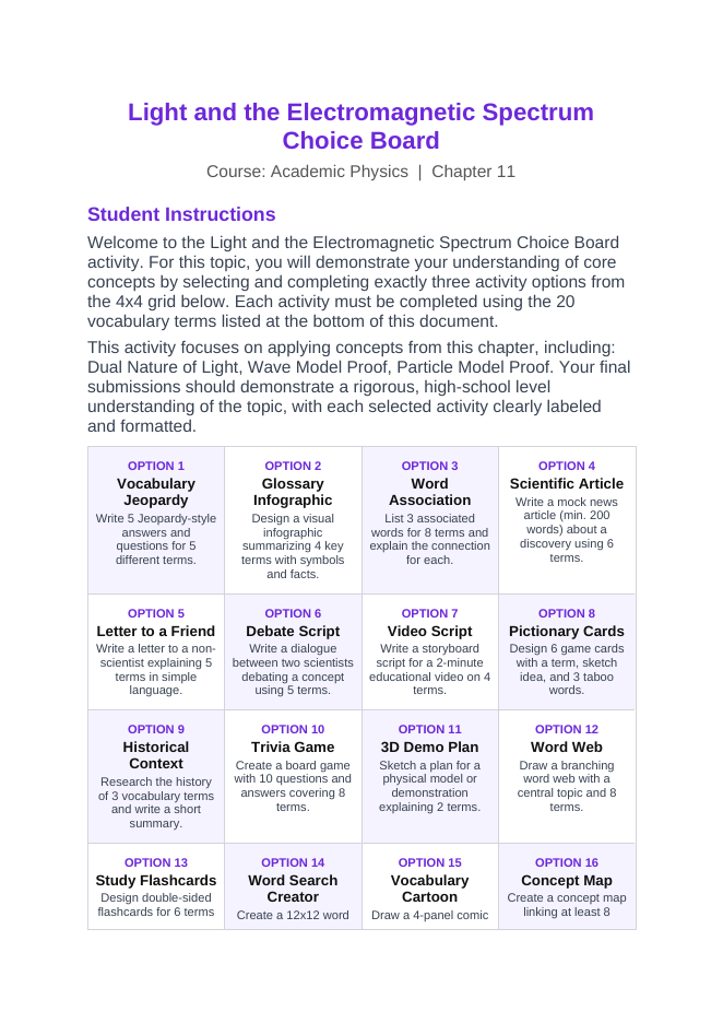 Light & the Electromagnetic Spectrum Vocabulary Choice Board sample page