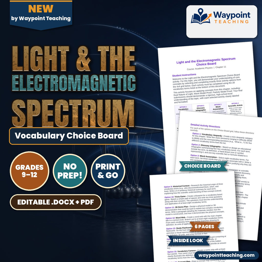 Light & the Electromagnetic Spectrum Vocabulary Choice Board cover