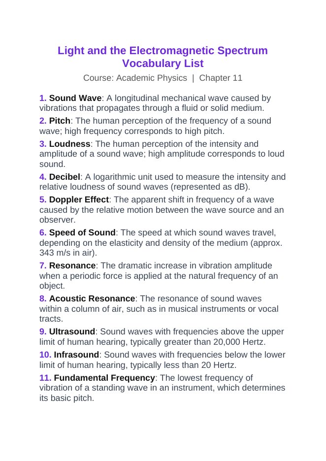 Light & the Electromagnetic Spectrum Vocabulary Words & Definitions sample page