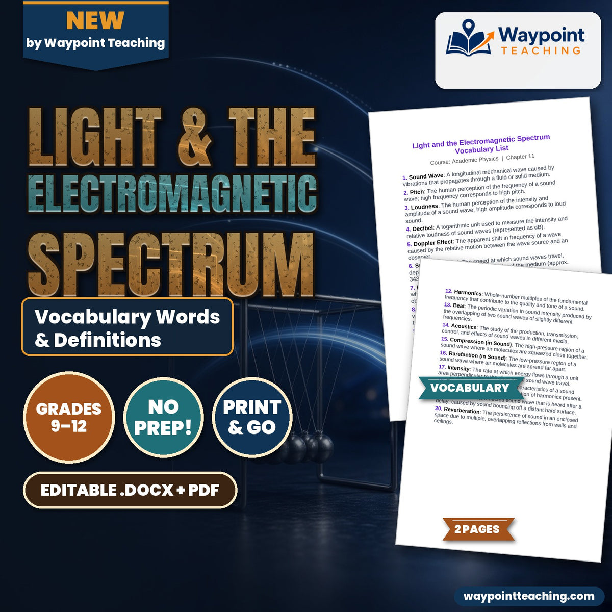 Light & the Electromagnetic Spectrum Vocabulary Words & Definitions cover