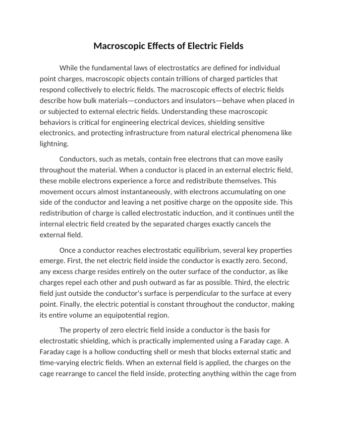 Macroscopic Effects of Electric Fields Reading Worksheet sample page