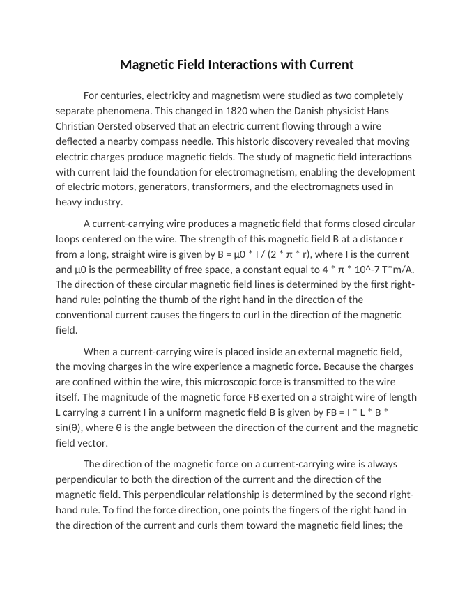 Magnetic Field Interactions with Current Reading Worksheet sample page