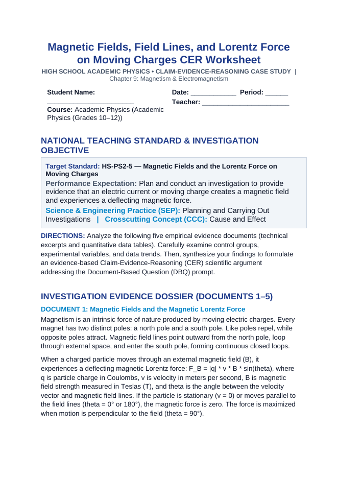 Magnetic Fields, Field Lines, and Lorentz Force on Moving Charges CER Phenomena Worksheet sample page